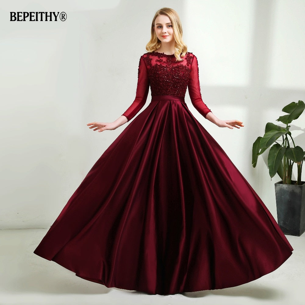 Robe De Soiree Long Sleeves Burgundry Long Evening Dresses 2019 Floor Length Vintage Lace Top Cheap Prom Dresses
