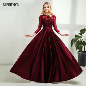 Robe De Soiree Long Sleeves Burgundry Long Evening Dresses 2019 Floor Length Vintage Lace Top Cheap Prom Dresses