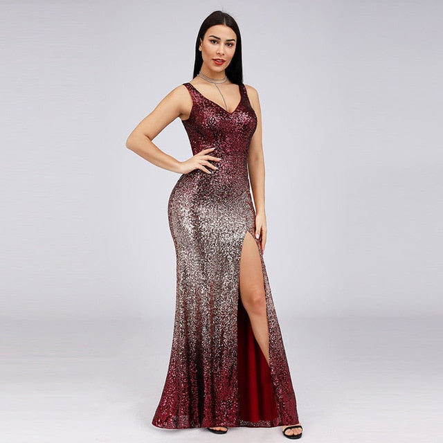 Evening Dress Long Sparkle Ever Pretty 2019 New V-Neck Women Elegant EP08999 Sequin Mermaid Maxi Gold Evening Party Gown Dress