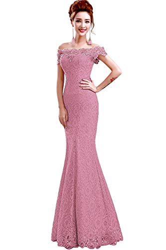 2019 Dusty Pink Long Evening Dress Party Women Lace Mermaid Boat Neck Evening Gown Beaded Formal Dresses Robe de Soiree Longue
