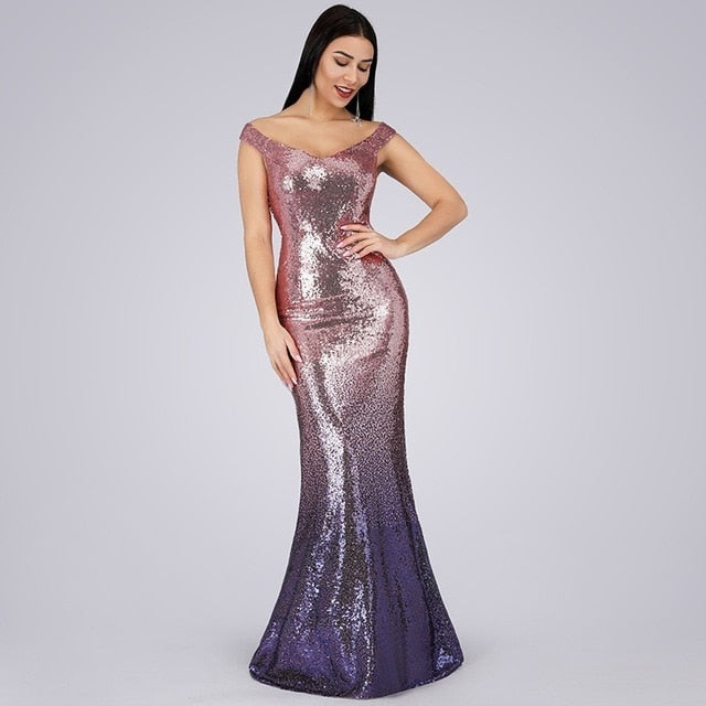 Evening Dress Long Sparkle 2019 New V-Neck Women Elegant EB29998 Sequin Mermaid Maxi Evening Party Gown Dress abendkleider 2019