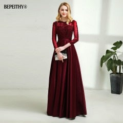 Robe De Soiree Long Sleeves Burgundry Long Evening Dresses 2019 Floor Length Vintage Lace Top Cheap Prom Dresses